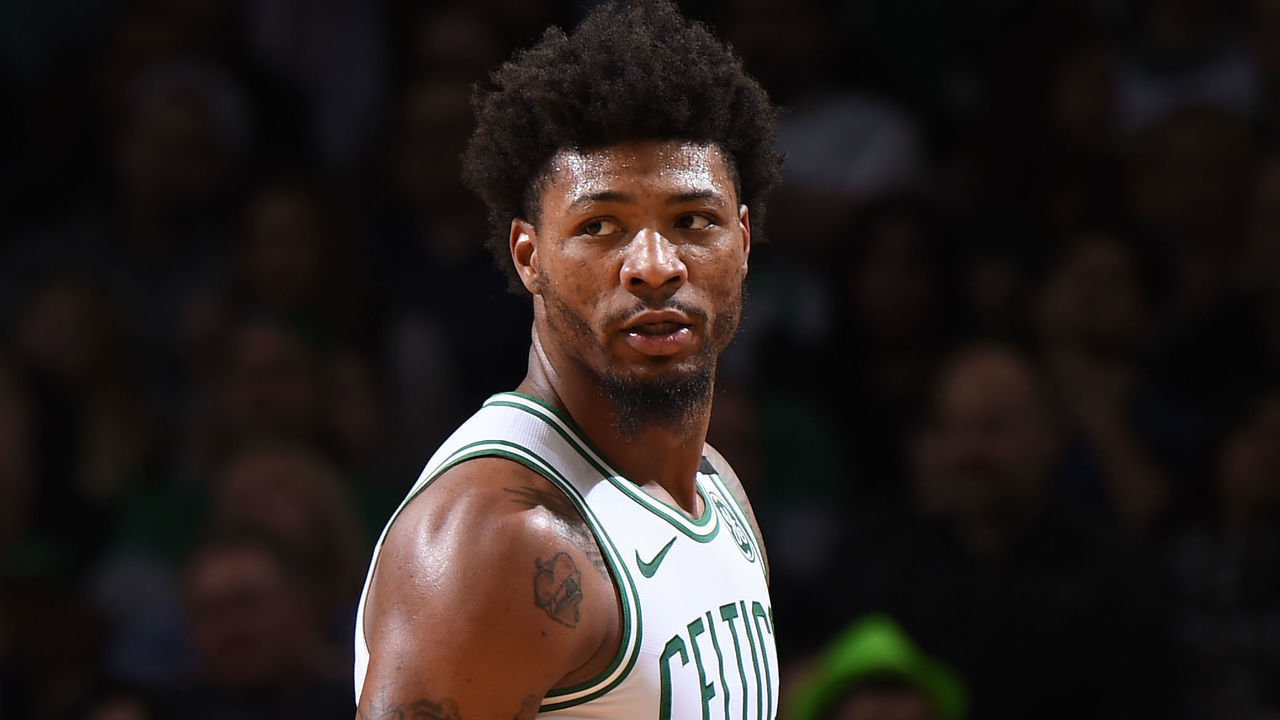 BOSTON, MA - MARCH 6: Marcus Smart #36 of the Boston Celtics looks on against the Utah Jazz on March 6, 2020 at the TD Garden in Boston, Massachusetts. Mandatory Copyright Notice: Copyright 2020 NBAE