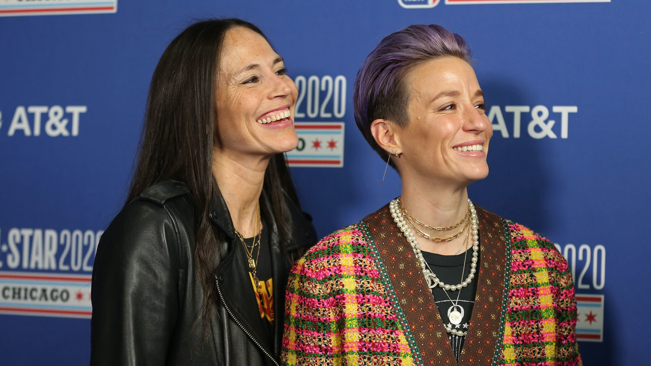 CHICAGO, IL - FEBRUARY 16: Sue Bird of the Seattle Storm and Megan Rapinoe of USA soccer talk with Chiney Ogwumike of the Los Angeles Sparks during the 69th NBA All-Star Game as part of 2020 NBA All-Star Weekend on February 16, 2020 at United Center in Chicago, Illinois. NOTE TO USER: User expressly acknowledges and agrees that, by downloading and/or using this Photograph, user is consenting to the terms and conditions of the Getty Images License Agreement. Mandatory Copyright Notice: Copyright 2020 NBAE