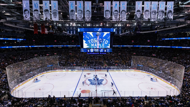 TORONTO, ON - MARCH 10: General view of Scotiabank Arena as Tampa Bay Lightning Center Brayden Point (21) and Toronto Maple Leafs Center Auston Matthews (34) get ready for the opening face-off before the NHL regular season game between the Tampa Bay Lightning and the Toronto Maple Leafs on March 10, 2020, at Scotiabank Arena in Toronto, ON, Canada.