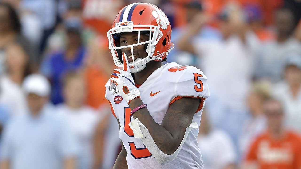 CHAPEL HILL, NORTH CAROLINA - SEPTEMBER 28: Tee Higgins #5 of the Clemson Tigers reacts after scoring a touchdown in the fourth quarter of their game against the North Carolina Tar Heels at Kenan Stadium on September 28, 2019 in Chapel Hill, North Carolina. Clemson won 21-20.