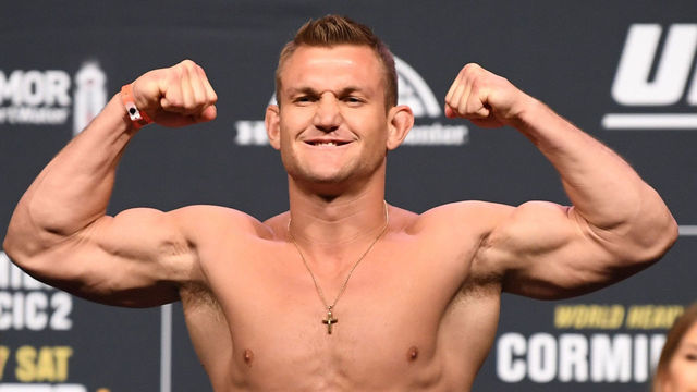 ANAHEIM, CALIFORNIA - AUGUST 16: Ian Heinisch poses on the scale during the UFC 241 weigh-in at the Anaheim Convention Center on August 16, 2019 in Las Vegas, Nevada.