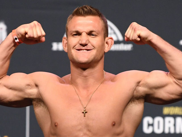 ANAHEIM, CALIFORNIA - AUGUST 16: Ian Heinisch poses on the scale during the UFC 241 weigh-in at the Anaheim Convention Center on August 16, 2019 in Las Vegas, Nevada.