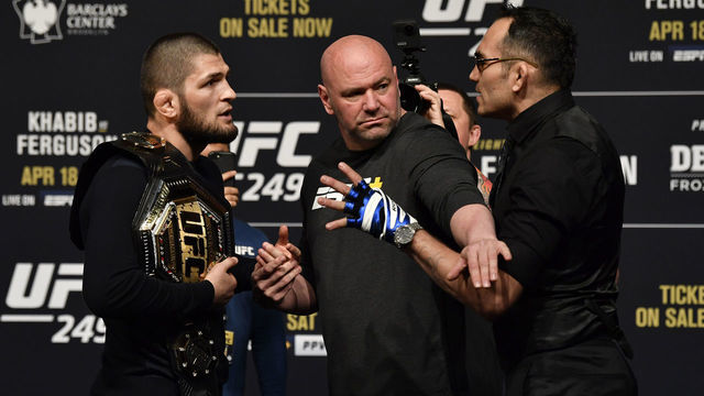LAS VEGAS, NEVADA - MARCH 06: (L-R) Opponents Khabib Nurmagomedov and Tony Ferguson face off during the UFC 249 press conference at T-Mobile Arena on March 06, 2020 in Las Vegas, Nevada.