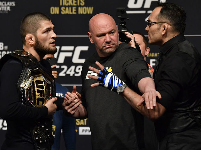 LAS VEGAS, NEVADA - MARCH 06: (L-R) Opponents Khabib Nurmagomedov and Tony Ferguson face off during the UFC 249 press conference at T-Mobile Arena on March 06, 2020 in Las Vegas, Nevada.