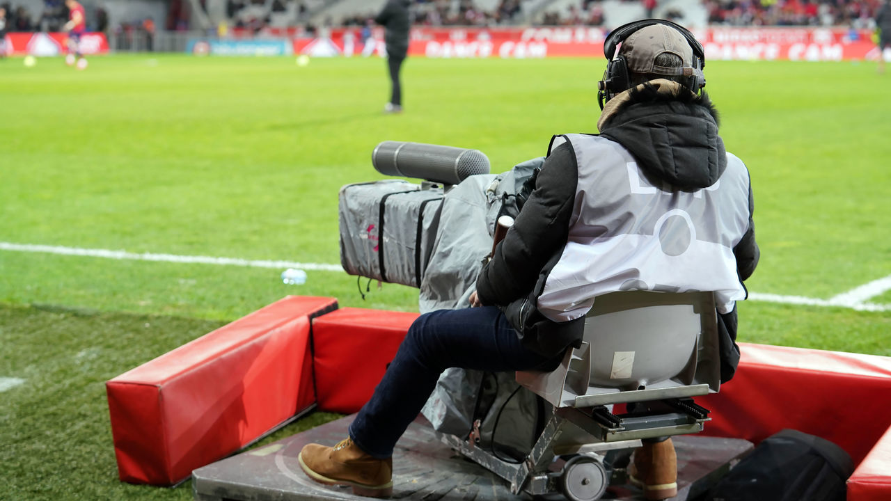 LILLE, FRANCE - FEBRUARY 22: Broadcast TV camera during the Ligue 1 match between Lille OSC and Toulouse FC at Stade Pierre Mauroy on February 22, 2020 in Lille, France.
