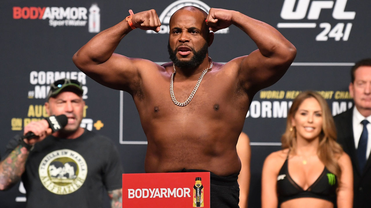ANAHEIM, CALIFORNIA - AUGUST 16: Daniel Cormier poses on the scale during the UFC 241 weigh-in at the Anaheim Convention Center on August 16, 2019 in Las Vegas, Nevada.