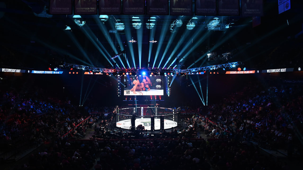 UNCASVILLE, CT - OCTOBER 26: A general view of the Bellator MMA cage during the Bellator 232 on October 26, 2019 at the Mohegan Sun Arena in Uncasville, Connecticut.