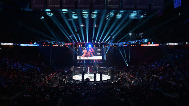 UNCASVILLE, CT - OCTOBER 26: A general view of the Bellator MMA cage during the Bellator 232 on October 26, 2019 at the Mohegan Sun Arena in Uncasville, Connecticut.