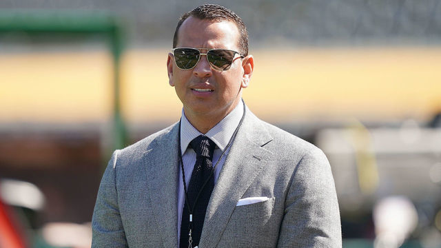 OAKLAND, CA - OCTOBER 02: Baseball analyst and former player Alex Rodriguez looks on during batting practice prior to the start of the American League WildCard Game between the Tampa Bay Rays and Oakland Athletics at RingCentral Coliseum on October 2, 2019 in Oakland, California.