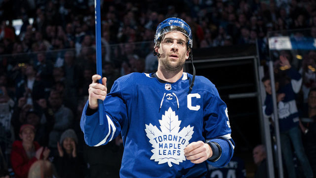 TORONTO, ON - FEBRUARY 7: John Tavares #91 of the Toronto Maple Leafs salutes the crowd after receiving a star of the game after defeating the Anaheim Ducks at the Scotiabank Arena on February 7, 2020 in Toronto, Ontario, Canada.
