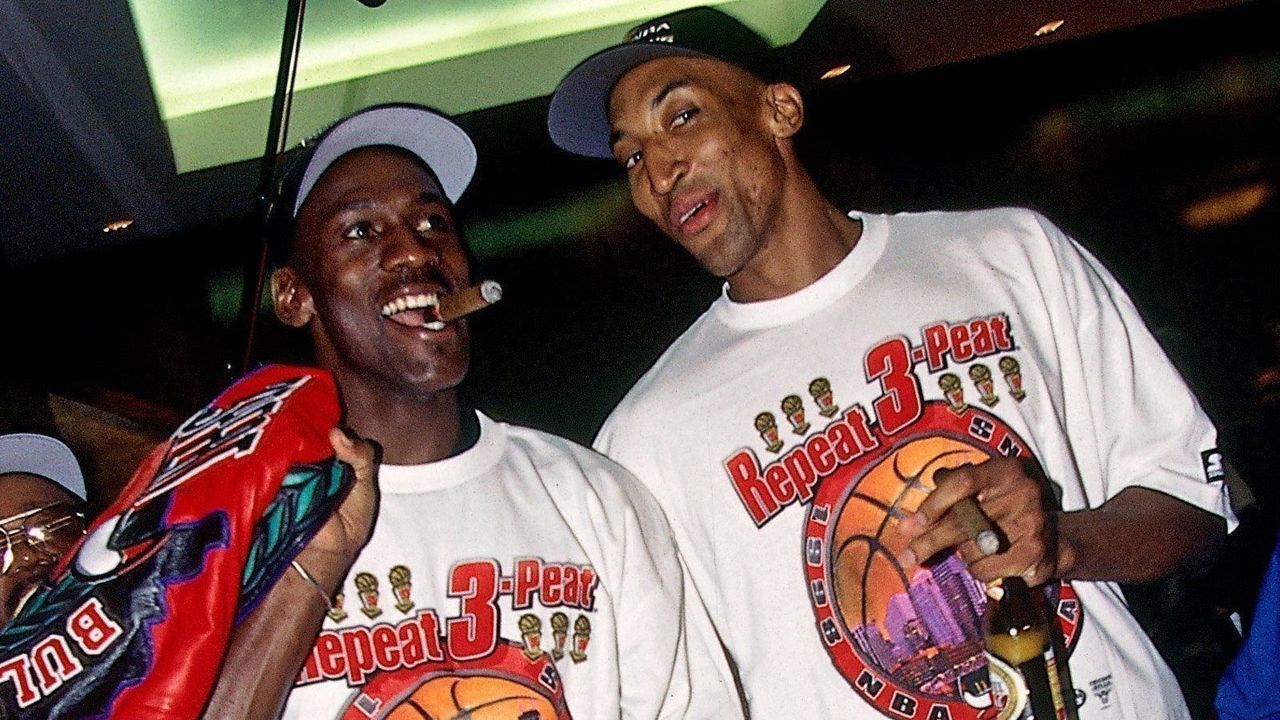 SALT LAKE CITY - JUNE 14: Michael Jordan and Scottie Pippen celebrate winning the 1998 NBA Championship after Game Six of the 1998 NBA Finals at the Delta Center on June 14, 1998 in Salt Lake City, Utah. The Bulls defeated the Jazz 87-86. NOTE TO USER: User expressly acknowledges that, by downloading and or using this photograph, User is consenting to the terms and conditions of the Getty Images License agreement. Mandatory Copyright Notice: Copyright 1998 NBAE