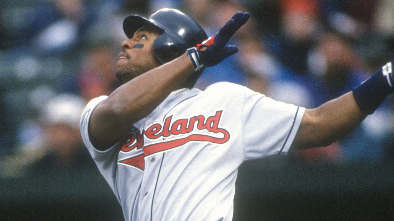 BALTIMORE, MD - CIRCA 1995: Albert Belle #8 of the Cleveland Indians bats against the Baltimore Orioles during a Major League Baseball game circa 1995 at Orioles Park at Camden Yards in Baltimore, Maryland. Belle played for the Indians from 1989-96.