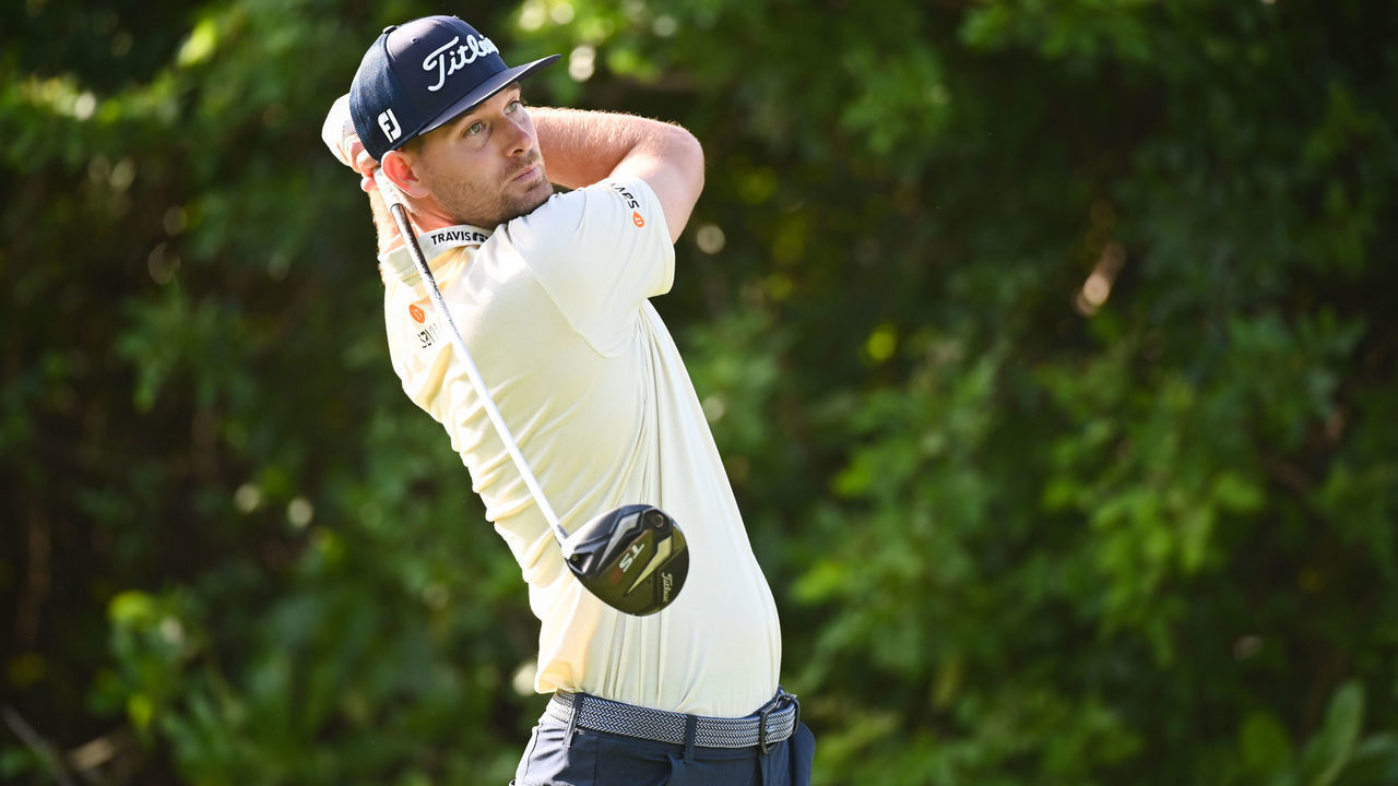 GREAT EXUMA, BAHAMAS - JANUARY 12: T.J. Vogel tees off on the fifth tee box during the first round of the Korn Ferry Tour's The Bahamas Great Exuma Classic at Sandals Emerald Bay golf course on January 12, 2020 in Great Exuma, Bahamas.