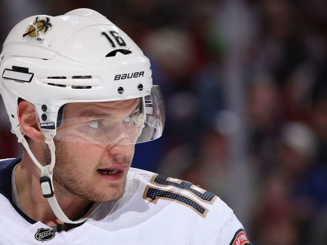GLENDALE, ARIZONA - FEBRUARY 25: Aleksander Barkov #16 of the Florida Panthers during the NHL game against the Arizona Coyotes at Gila River Arena on February 25, 2020 in Glendale, Arizona. The Panthers defeated the Coyotes 2-1.