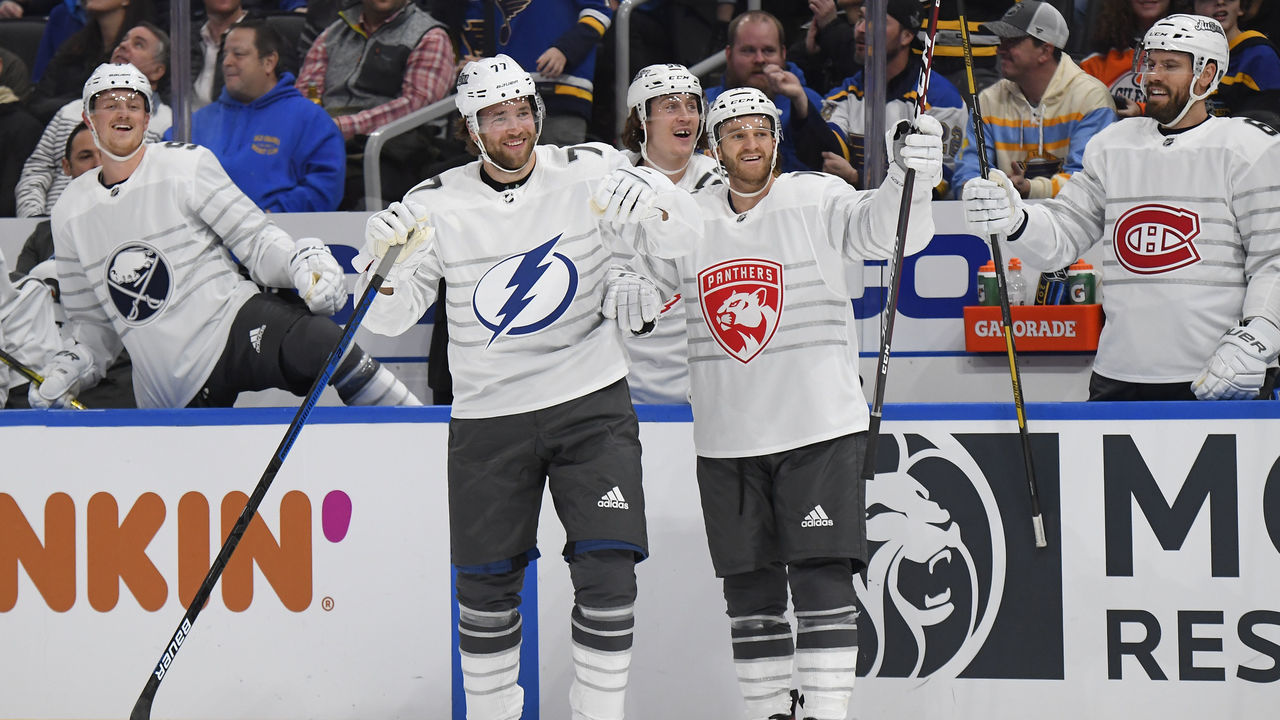 ST LOUIS, MISSOURI - JANUARY 25: Victor Hedman #77 of the Tampa Bay Lightning and Jonathan Huberdeau #11 of the Florida Panthers celerbate during the 2020 NHL All-Star Game between the Atlantic Division and Pacific Division at the Enterprise Center on January 25, 2020 in St Louis, Missouri.