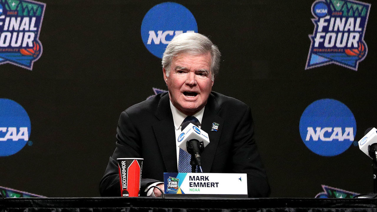 MINNEAPOLIS, MINNESOTA - APRIL 04: (L-R) Senior Vice President of Basketball for the NCAA Dan Gavitt and NCAA President Mark Emmert speak to the media ahead of the Men's Final Four at U.S. Bank Stadium on April 04, 2019 in Minneapolis, Minnesota.