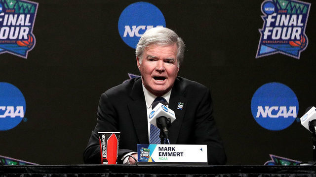 MINNEAPOLIS, MINNESOTA - APRIL 04: (L-R) Senior Vice President of Basketball for the NCAA Dan Gavitt and NCAA President Mark Emmert speak to the media ahead of the Men's Final Four at U.S. Bank Stadium on April 04, 2019 in Minneapolis, Minnesota.