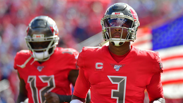 TAMPA, FLORIDA - DECEMBER 08: Jameis Winston #3 (right) and Chris Godwin #12 of the Tampa Bay Buccaneers runs out to the field prior to a football game against the Indianapolis Colts at Raymond James Stadium on December 08, 2019 in Tampa, Florida.