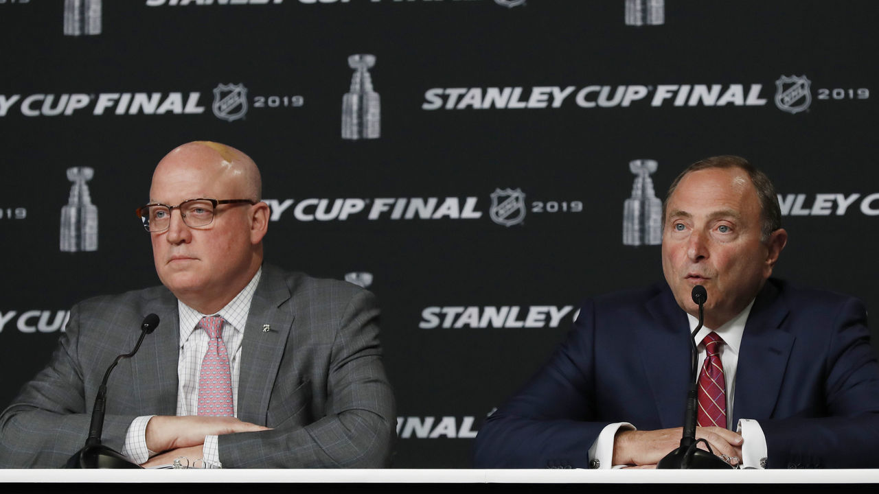 BOSTON, MA - MAY 27: NHL Deputy Commissioner Bill Daly III and Commissioner Gary Bettman before Game 1 of the 2019 Stanley Cup Finals between the Boston Bruins and the St. Louis Blues on May 27, 2019, at TD Garden in Boston, Massachusetts.
