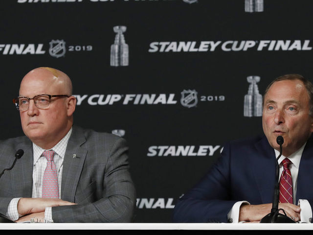 BOSTON, MA - MAY 27: NHL Deputy Commissioner Bill Daly III and Commissioner Gary Bettman before Game 1 of the 2019 Stanley Cup Finals between the Boston Bruins and the St. Louis Blues on May 27, 2019, at TD Garden in Boston, Massachusetts.
