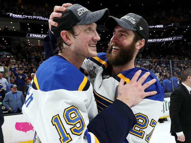 BOSTON, MASSACHUSETTS - JUNE 12: Jay Bouwmeester #19 and Alex Pietrangelo #27 of the St. Louis Blues celebrate after defeating the Boston Bruins in Game Seven of the 2019 NHL Stanley Cup Final at TD Garden on June 12, 2019 in Boston, Massachusetts.