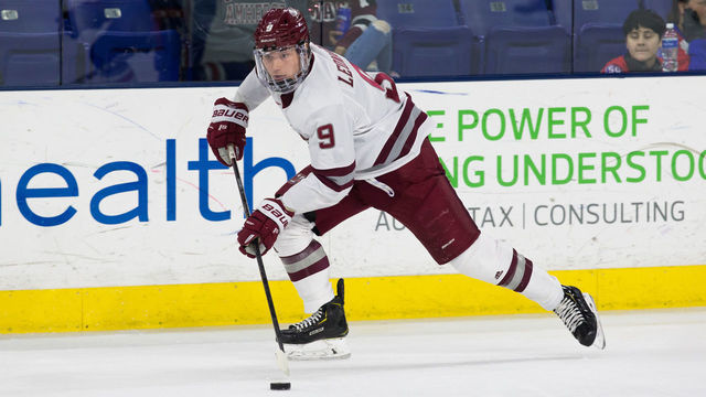 LOWELL, MA - FEBRUARY 21: John Leonard #9 of the Massachusetts Minutemen skates against the Massachusetts Lowell River Hawks during NCAA men's hockey at the Tsongas Center on February 21, 2020 in Lowell, Massachusetts. The River Hawks won 3-2.