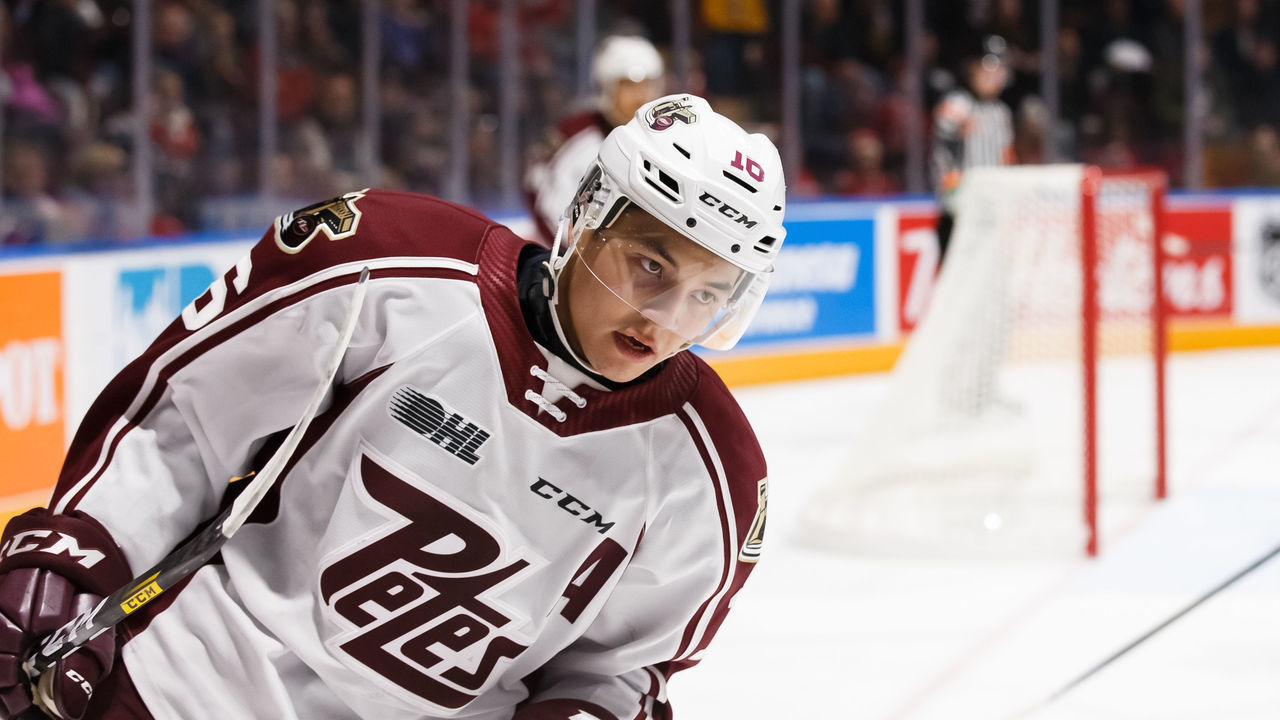 OSHAWA, ON - JANUARY 12: Nick Robertson #16 of the Peterborough Petes celebrates after his third period goal during an OHL game against the Oshawa Generals at the Tribute Communities Centre on January 12, 2020 in Oshawa, Ontario, Canada.