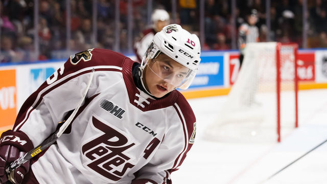 OSHAWA, ON - JANUARY 12: Nick Robertson #16 of the Peterborough Petes celebrates after his third period goal during an OHL game against the Oshawa Generals at the Tribute Communities Centre on January 12, 2020 in Oshawa, Ontario, Canada.