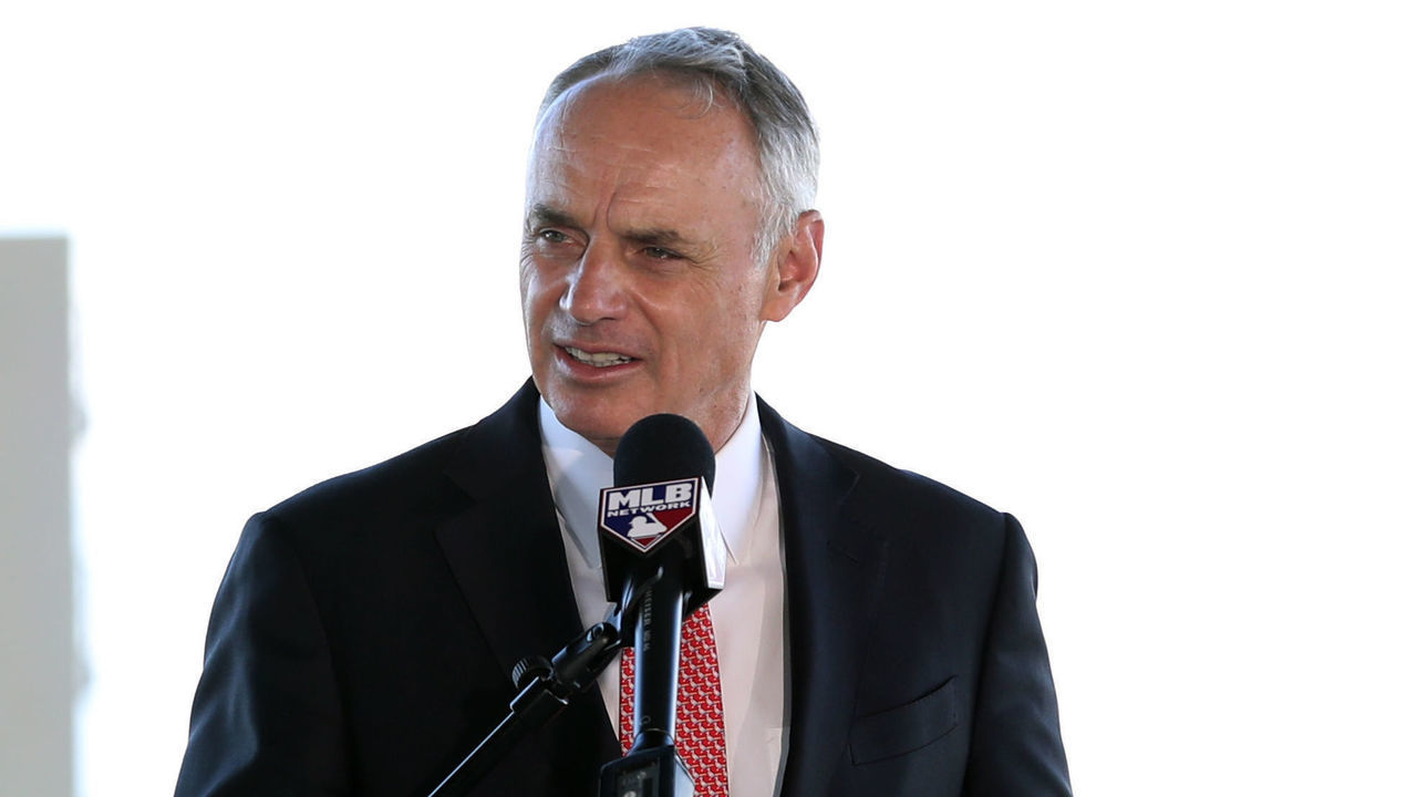 NORTH PORT, FL - FEBRUARY 16: Major League Baseball Robert D. Manfred Jr. talks to the media during the Grape Fruit League Media Availability press conference at CoolToday Park on Monday, February 16, 2020 in North Port, Florida.