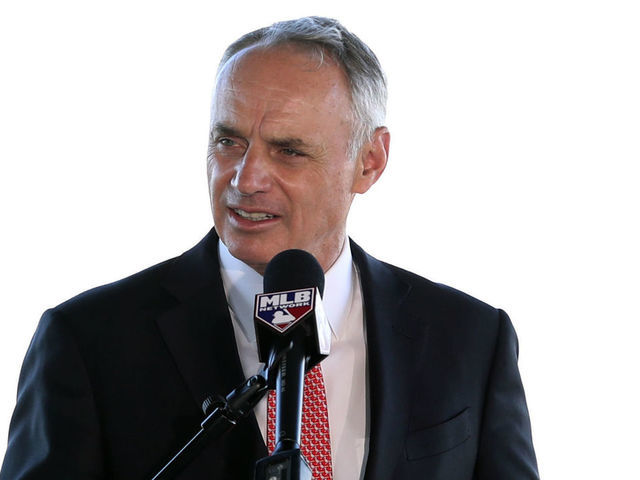 NORTH PORT, FL - FEBRUARY 16: Major League Baseball Robert D. Manfred Jr. talks to the media during the Grape Fruit League Media Availability press conference at CoolToday Park on Monday, February 16, 2020 in North Port, Florida.