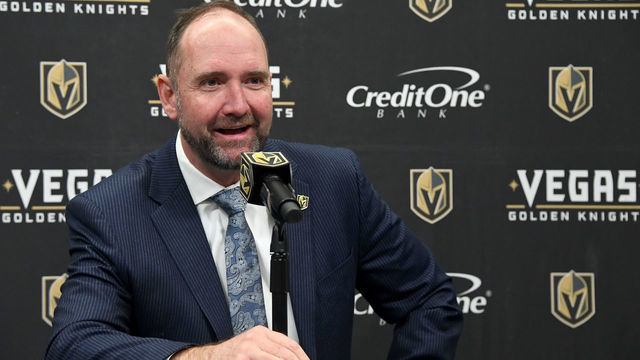 LAS VEGAS, NEVADA - FEBRUARY 17: Head coach Peter DeBoer of the Vegas Golden Knights takes questions during a news conference following the team's 3-2 victory over the Washington Capitals at T-Mobile Arena on February 17, 2020 in Las Vegas, Nevada.
