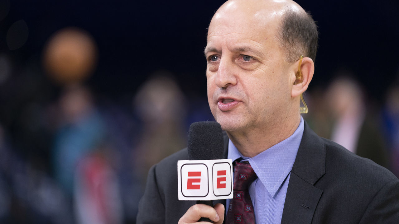PHILADELPHIA, PA - DECEMBER 18: ESPN analyst Jeff Van Gundy talks prior to the game between the Miami Heat and Philadelphia 76ers at the Wells Fargo Center on December 18, 2019 in Philadelphia, Pennsylvania. NOTE TO USER: User expressly acknowledges and agrees that, by downloading and/or using this photograph, user is consenting to the terms and conditions of the Getty Images License Agreement.