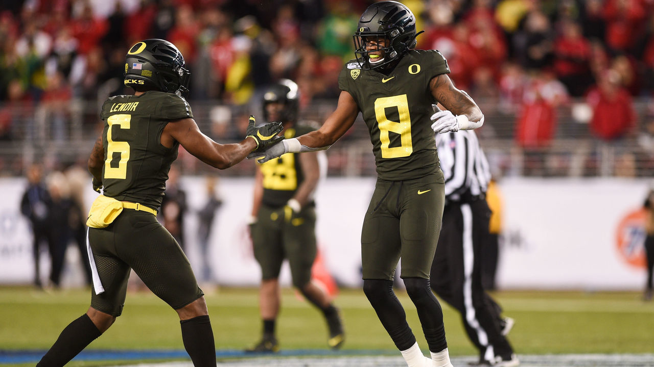 SANTA CLARA, CA - DECEMBER 06: Oregon Ducks safety Jevon Holland (8) and cornerback Deommodore Lenoir (6) during the Pac-12 Football Championship Game between the Oregon Ducks and the Utah Utes at Levi's Stadium on December 6, 2019 in Santa Clara, CA.