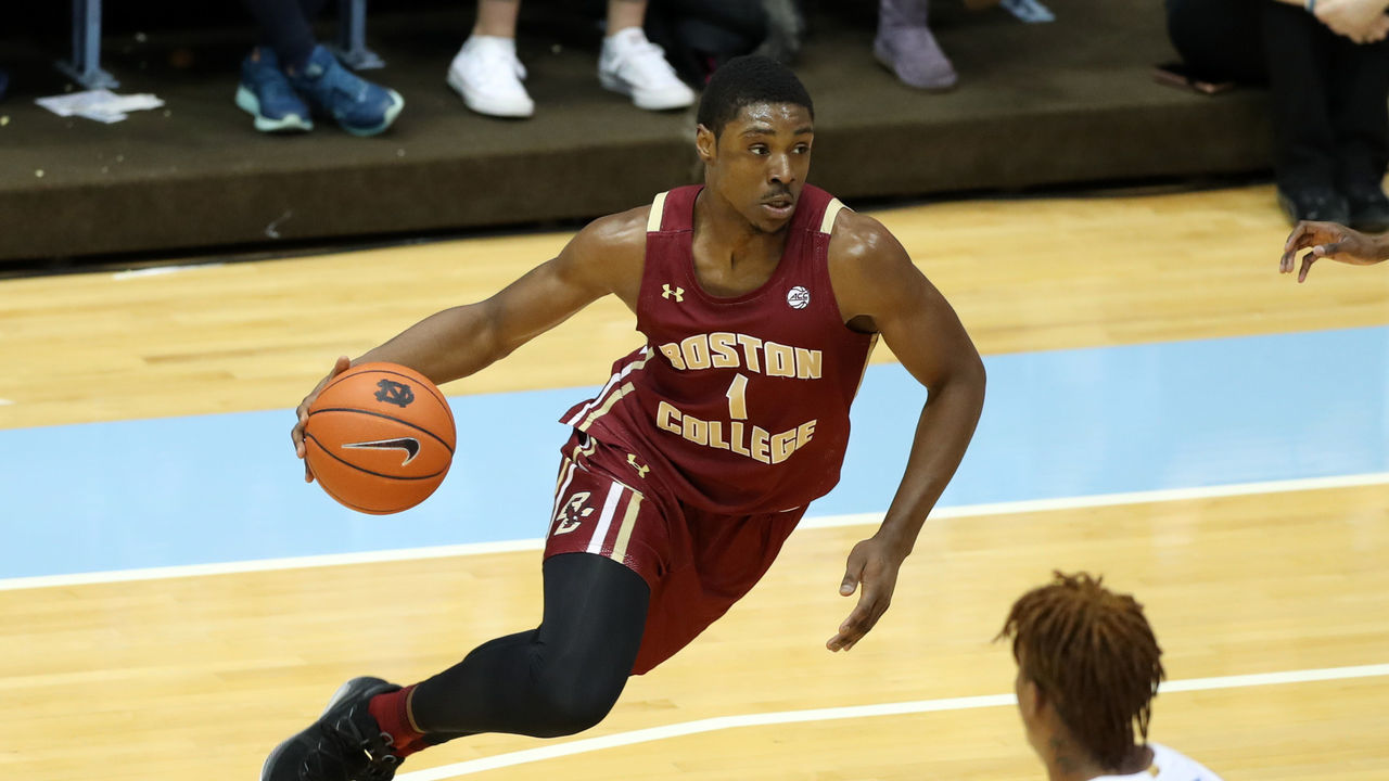 CHAPEL HILL, NC - FEBRUARY 1: Jairus Hamilton #1 of Boston College drives with the ball during a game between Boston College and North Carolina at Dean E. Smith Center on February 1, 2020 in Chapel Hill, North Carolina.