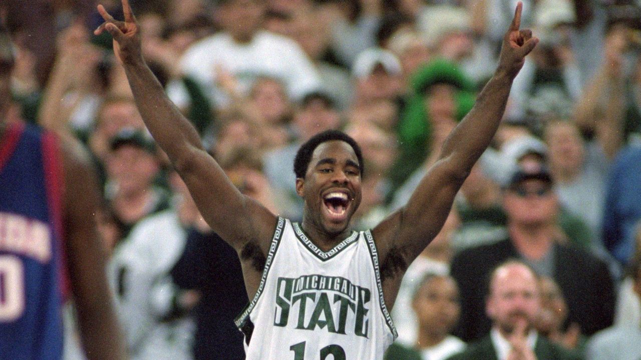 3 Apr 2000: Mateen Cleaves #12 of the Michigan State Spartans celebrates on the floor during the NCAA Men''s Finals Four Game against the Florida Gators at the RCA Dome in Indianapolis, Indiana. The Spartans defeated the Gators 89-76. Mandatory Credit: Jed Jacobsohn /Allsport