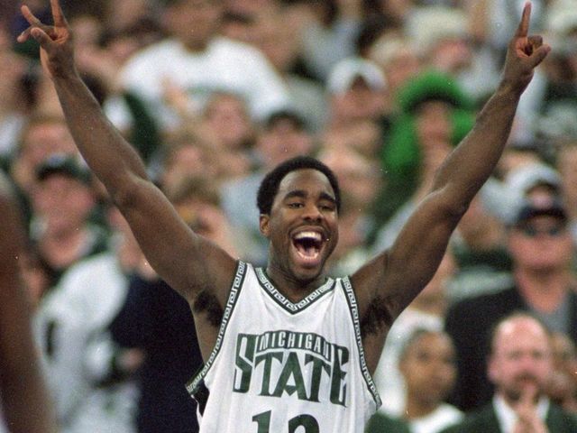 3 Apr 2000: Mateen Cleaves #12 of the Michigan State Spartans celebrates on the floor during the NCAA Men''s Finals Four Game against the Florida Gators at the RCA Dome in Indianapolis, Indiana. The Spartans defeated the Gators 89-76. Mandatory Credit: Jed Jacobsohn /Allsport
