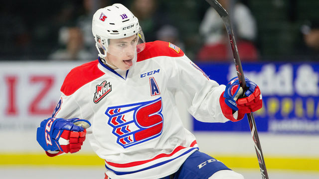 EVERETT, WA - NOVEMBER 30: Spokane Chiefs defenseman Filip Kral (18) celebrates a third period goal during a game between the Spokane Chiefs and the Everett Silvertips on Friday, November 30, 2019 at Angel of the Winds Arena in Everett, WA.