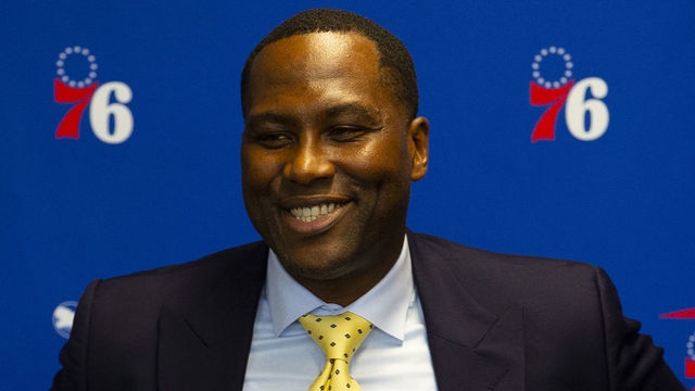 CAMDEN, NJ - SEPTEMBER 13: General Manager Elton Brand of the Philadelphia 76ers speaks at the podium prior to the team unveiling a sculpture to honor Charles Barkley at their practice facility on September 13, 2019 in Camden, New Jersey.
