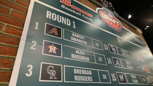 08 JUN 2015: A view of the Draft Board showing three shortstops being picked in the three top spots during round 1 of the Major league Baseball First Year Player Draft held at Studio 42 of the MLB Network in Secaucus,NJ. I was the first time in history that three shortstops were drafted 1,2 and 3.