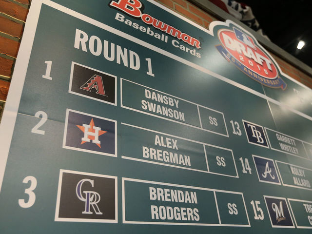 08 JUN 2015: A view of the Draft Board showing three shortstops being picked in the three top spots during round 1 of the Major league Baseball First Year Player Draft held at Studio 42 of the MLB Network in Secaucus,NJ. I was the first time in history that three shortstops were drafted 1,2 and 3.