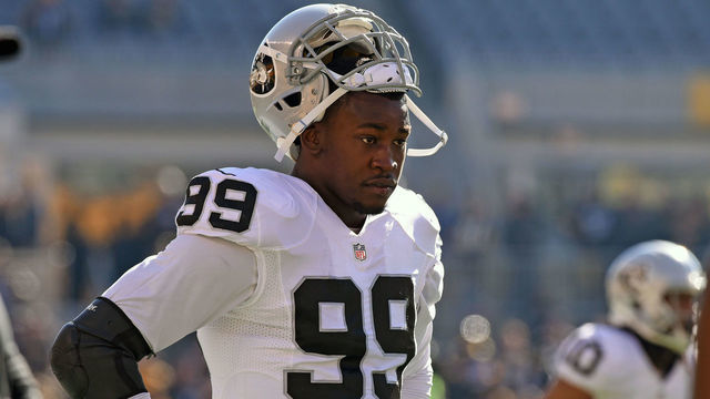 PITTSBURGH, PA - NOVEMBER 8: Linebacker Aldon Smith #99 of the Oakland Raiders looks on from the field before a game against the Pittsburgh Steelers at Heinz Field on November 8, 2015 in Pittsburgh, Pennsylvania. The Steelers defeated the Raiders 38-35.