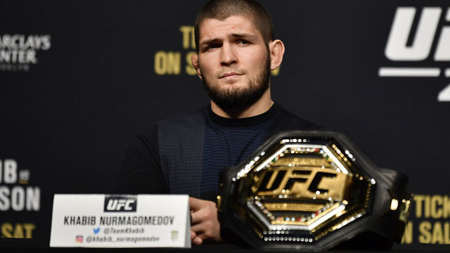 LAS VEGAS, NEVADA - MARCH 06: Khabib Nurmagomedov interacts with media during the UFC 249 press conference at T-Mobile Arena on March 06, 2020 in Las Vegas, Nevada.