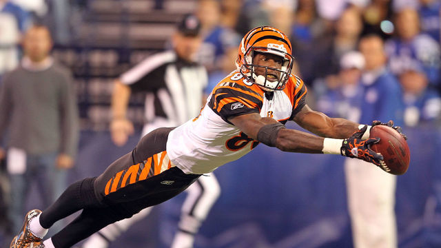 INDIANAPOLIS - NOVEMBER 14: Chad Ochocinco #85 of the Cincinnati Bengals reaches for a pass during the Bengals 23-17 loss to the Indianapolis Colts in the NFL game at Lucas Oil Stadium on November 14, 2010 in Indianapolis, Indiana.