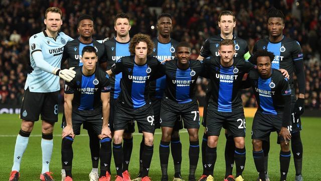 Club Brugge's players pose before the UEFA Europa League round of 32 second leg football match between Manchester United and Club Brugge at Old Trafford in Manchester, north west England, on February 27, 2020.