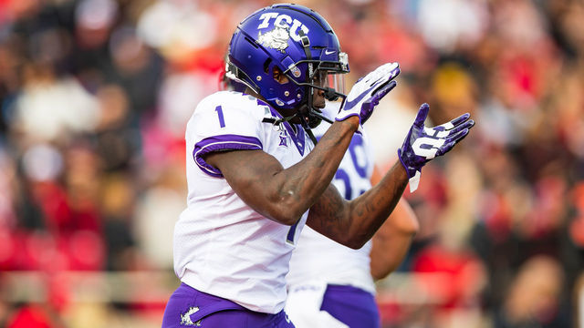 LUBBOCK, TEXAS - NOVEMBER 16: Wide receiver Jalen Reagor #1 of the TCU Horned Frogs claps during the first half of the college football game against the Texas Tech Red Raiders on November 16, 2019 at Jones AT&T Stadium in Lubbock, Texas.