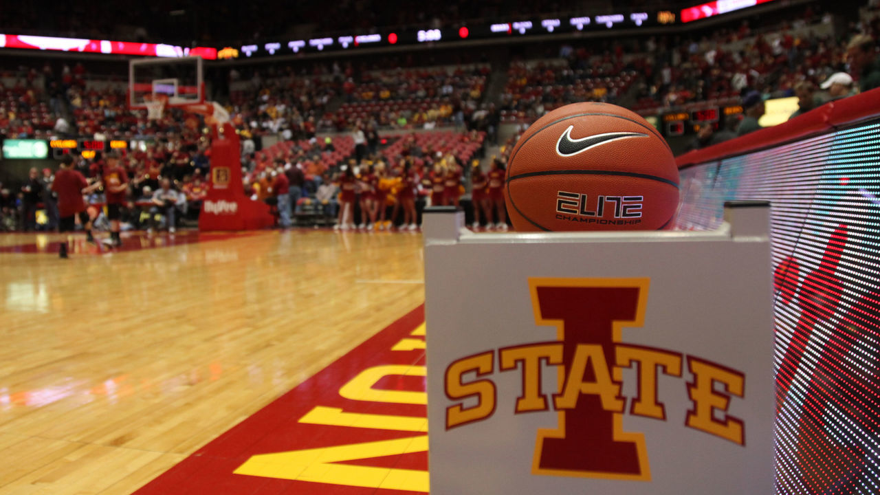 AMES, IA - JANUARY 7: A Nike logo is visible on a basketball before the match-up between the Iowa State Cyclones and the Baylor Bears on January 7, 2014 at Hilton Coliseum in Ames, Iowa.