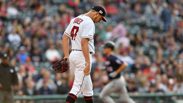 CLEVELAND, OHIO - JUNE 06: Starting pitcher Trevor Bauer #47 of the Cleveland Indians reacts after giving up a two run homer to Max Kepler #26 of the Minnesota Twins during the third inning at Progressive Field on June 06, 2019 in Cleveland, Ohio.