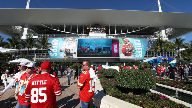 MIAMI, FLORIDA - FEBRUARY 02: Fans arrive at Hard Rock Stadium for Super Bowl LIV on February 02, 2020 in Miami, Florida.