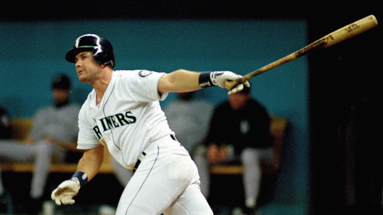 SEATTLE - OCTOBER 8: Edgar Martinez #11 of the Seattle Mariners doubles home the game winning runs in Game five of the 1995 American League Divisional Series against the New York Yankees at the Kingdome on October 8, 1995 in Seattle, Washington. The Mariners defeated the Yankees 6-5 in 11 innings to win the series three games to two.