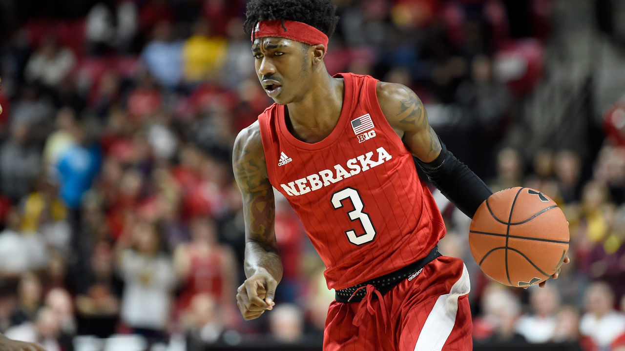 COLLEGE PARK, MD - FEBRUARY 11: Cam Mack #3 of the Nebraska Cornhuskers handles the ball against the Maryland Terrapins at Xfinity Center on February 11, 2020 in College Park, Maryland.